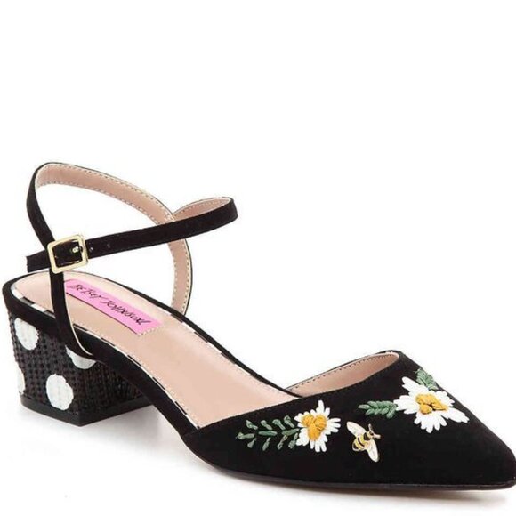 Betsey Johnson Daisy Embroidered Bee Black Vegan Suede Polka Dot Heels - Picture 5 of 5